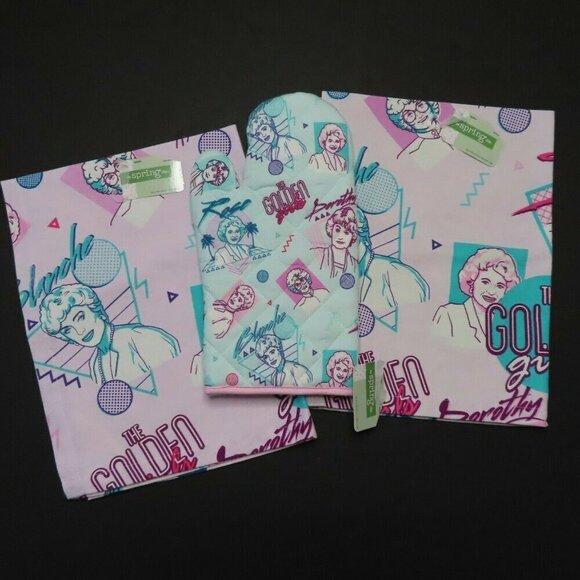 Golden Girls Oven Mitt 2 Tea Towels Kitchen Dining Set Cotton Blue Purple NEW - Picture 6 of 6